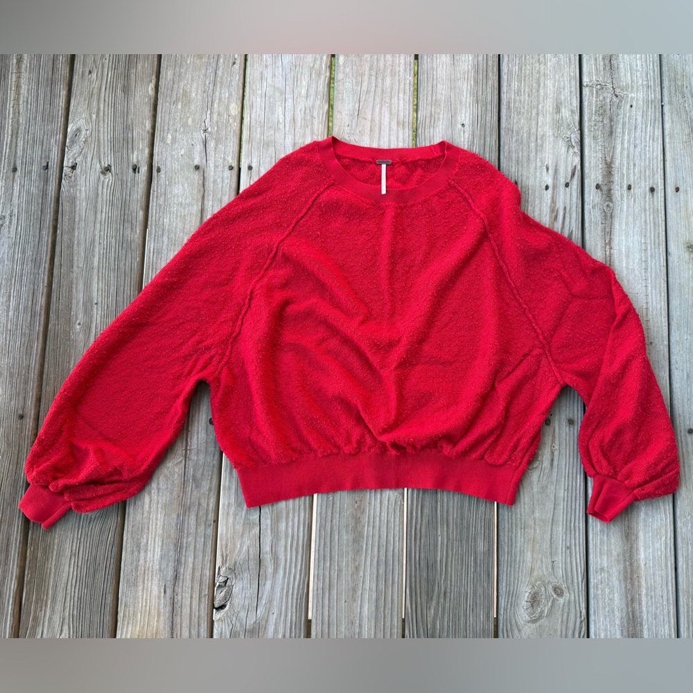 Free People Vibrant Red Pullover Balloon Sleeve Sweater